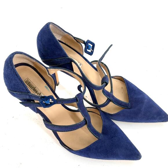 Charles David Cage Strappy Heels 7.5 Blue Suede Pumps Academia Office Career - Picture 4 of 5